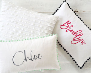 Personalized Embroidered Pillow Cover with Large 7/8" White Pom Pom Trim