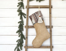 CHRISTMAS STOCKING - Gray & Brown Faux Fur and Burlap