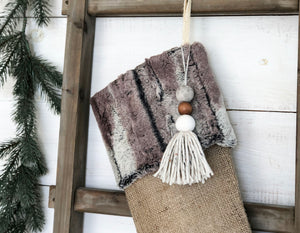 CHRISTMAS STOCKING - Gray & Brown Faux Fur and Burlap
