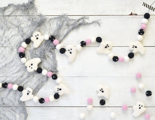 Felt Ball Garland - Halloween Ghosts White, Black & Pink