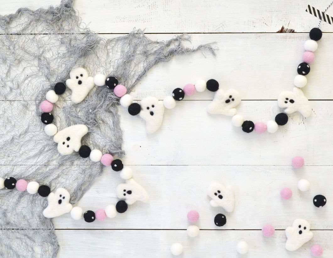 Felt Ball Garland - Halloween Ghosts White, Black & Pink
