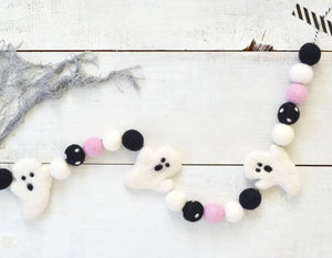 Felt Ball Garland - Halloween Ghosts White, Black & Pink