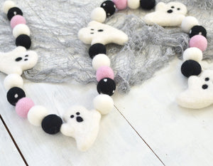 Felt Ball Garland - Halloween Ghosts White, Black & Pink