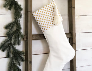 CHRISTMAS STOCKING  - White & Gold Polka Dot and Velvet