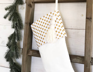 CHRISTMAS STOCKING  - White & Gold Polka Dot and Velvet