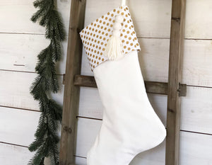 CHRISTMAS STOCKING  - White & Gold Polka Dot and Velvet
