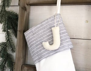 CHRISTMAS STOCKING  - Gray & White Linen Pinstripe and Velvet