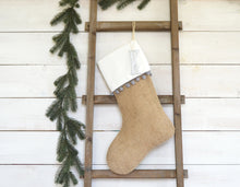 CHRISTMAS STOCKING - Gray Pom Pom Trim and Burlap