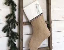 CHRISTMAS STOCKING - Gray Pom Pom Trim and Burlap