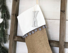 CHRISTMAS STOCKING - Gray Pom Pom Trim and Burlap