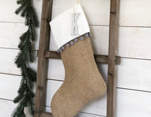 CHRISTMAS STOCKING - Gray Pom Pom Trim and Burlap