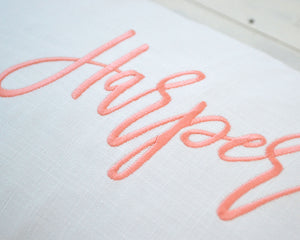 Personalized Embroidered Pillow Cover with Large 7/8" White Pom Pom Trim