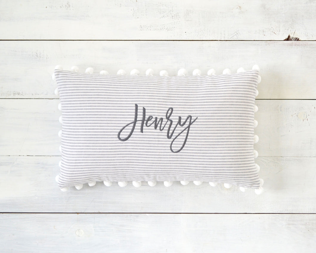 Personalized Striped Pom Pom Pillow Cover