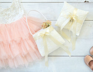 Ring Bearer Pillow & Flower Girl Basket - Blush Lace with Ivory Bow