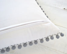 Personalized Embroidered Pillow Cover with Light Gray Pom Pom Trim