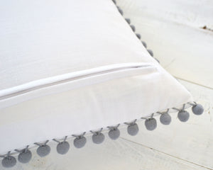Personalized Embroidered Pillow Cover with Light Gray Pom Pom Trim