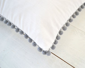 Personalized Embroidered Pillow Cover with Light Gray Pom Pom Trim