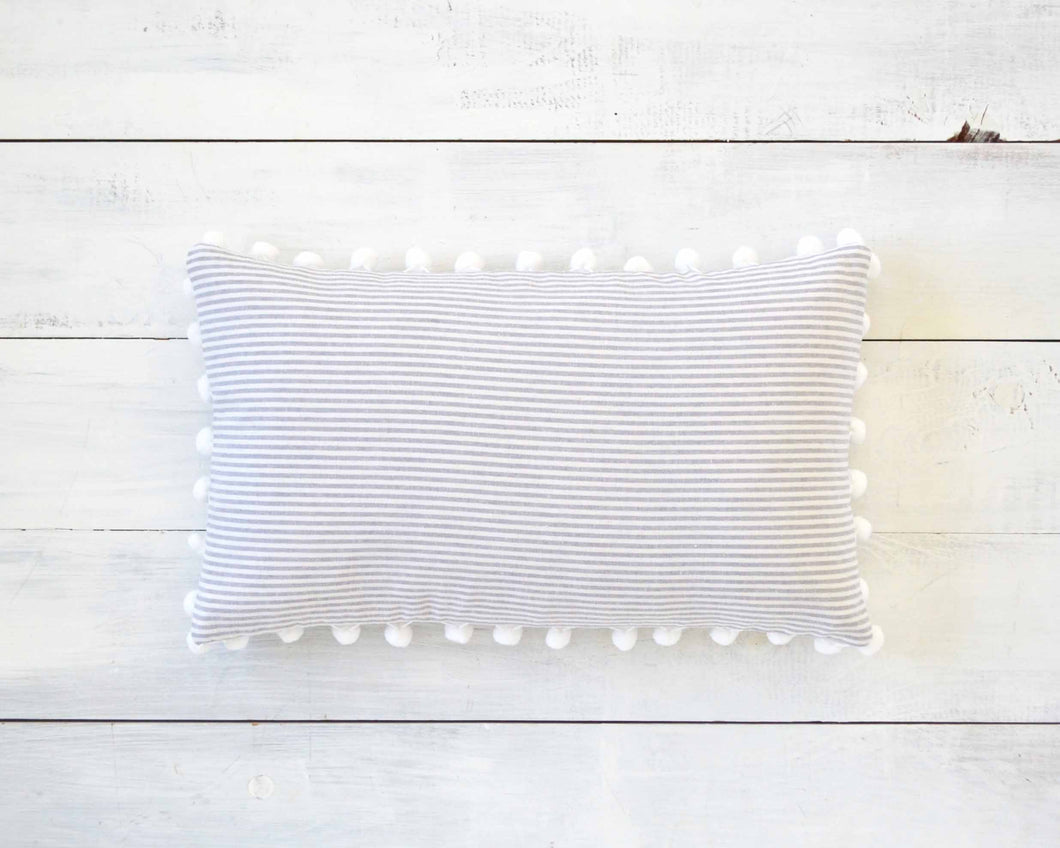 Gray and White Pinstripe Pillow Cover with Large White Pom Pom Trim