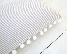 Gray and White Pinstripe Pillow Cover with Large White Pom Pom Trim