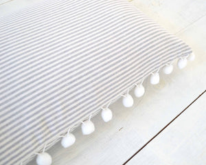 Gray and White Pinstripe Pillow Cover with Large White Pom Pom Trim