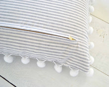 Gray and White Pinstripe Pillow Cover with Large White Pom Pom Trim