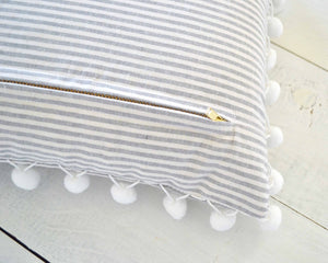 Gray and White Pinstripe Pillow Cover with Large White Pom Pom Trim