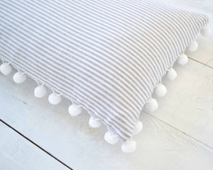Gray and White Pinstripe Pillow Cover with Large White Pom Pom Trim