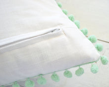 Personalized Embroidered Pillow Cover with Mint Pom Pom Trim