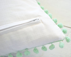 Personalized Embroidered Pillow Cover with Mint Pom Pom Trim