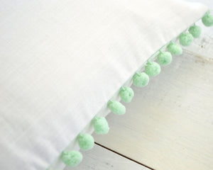 Personalized Embroidered Pillow Cover with Mint Pom Pom Trim