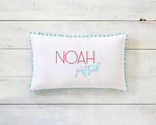 Personalized Embroidered Pillow Cover with Aqua Pom Pom Trim