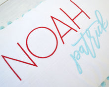 Personalized Embroidered Pillow Cover with Aqua Pom Pom Trim