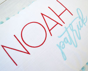 Personalized Embroidered Pillow Cover with Aqua Pom Pom Trim