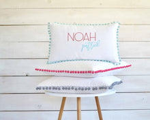 Personalized Embroidered Pillow Cover with Aqua Pom Pom Trim