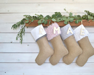 CHRISTMAS STOCKING - Blush Pink Faux Fur and Burlap