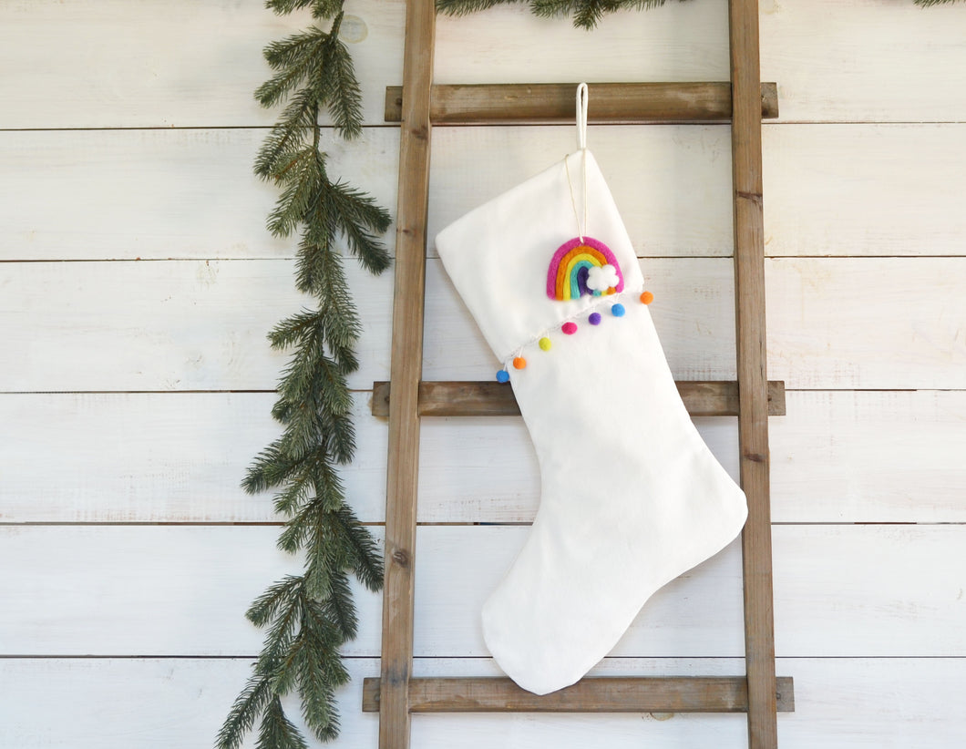 CHRISTMAS STOCKING  - Rainbow Pom Pom Trim and Vel