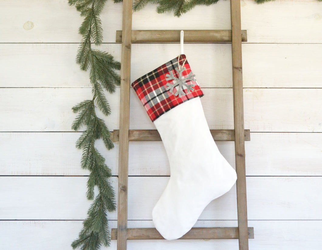 CHRISTMAS STOCKING  - Red & Black Plaid and Velvet