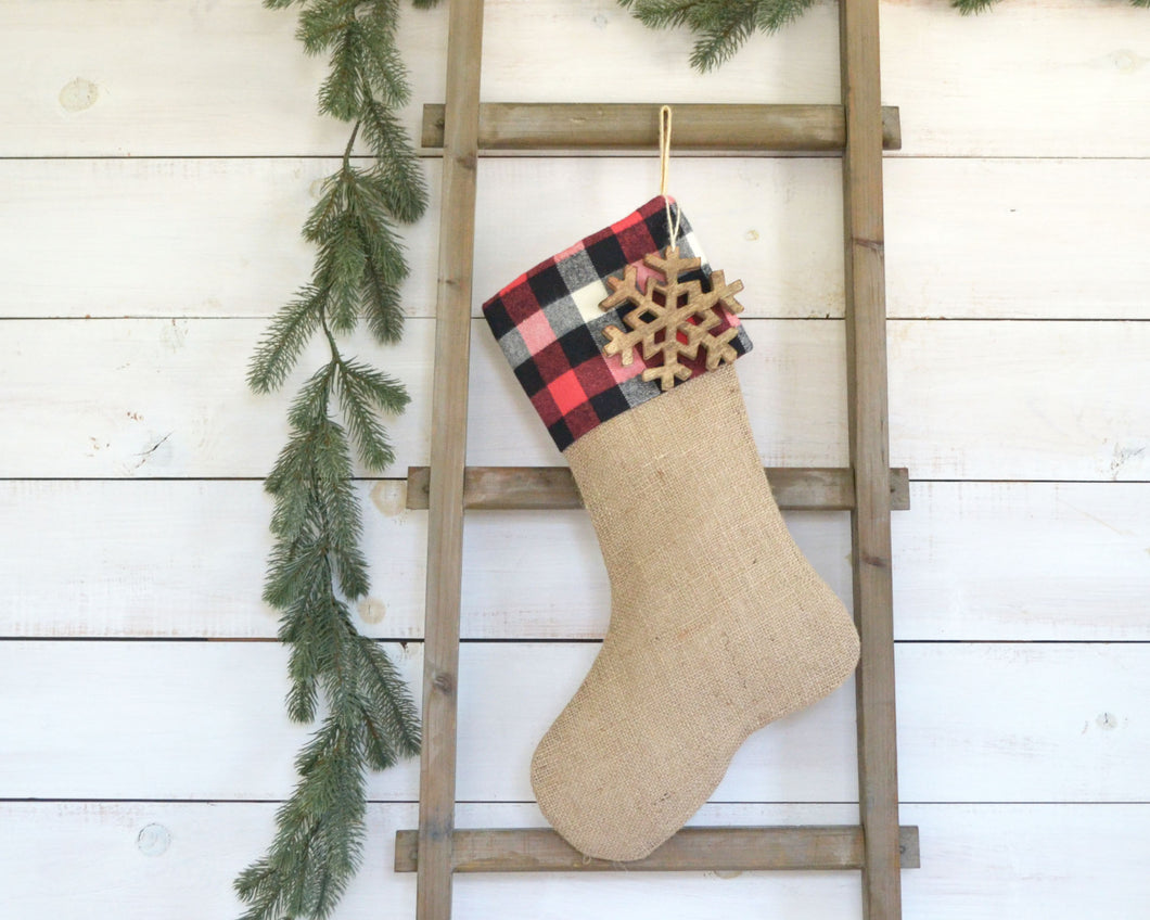 CHRISTMAS STOCKING - Red Buffalo Plaid and Burlap