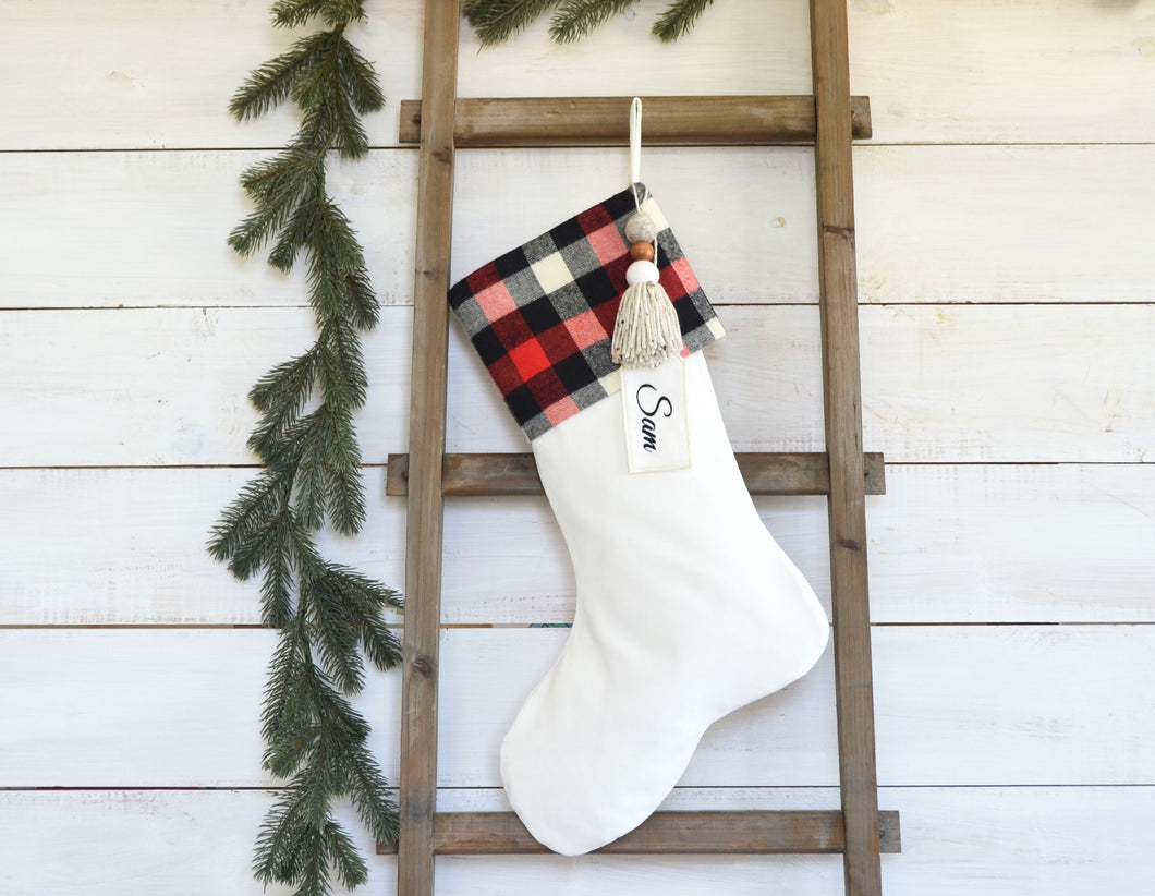 CHRISTMAS STOCKING  - Red, Black & White Buffalo Plaid  and Velvet