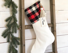 CHRISTMAS STOCKING  - Red, Black & White Buffalo Plaid  and Velvet