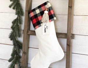 CHRISTMAS STOCKING  - Red, Black & White Buffalo Plaid  and Velvet
