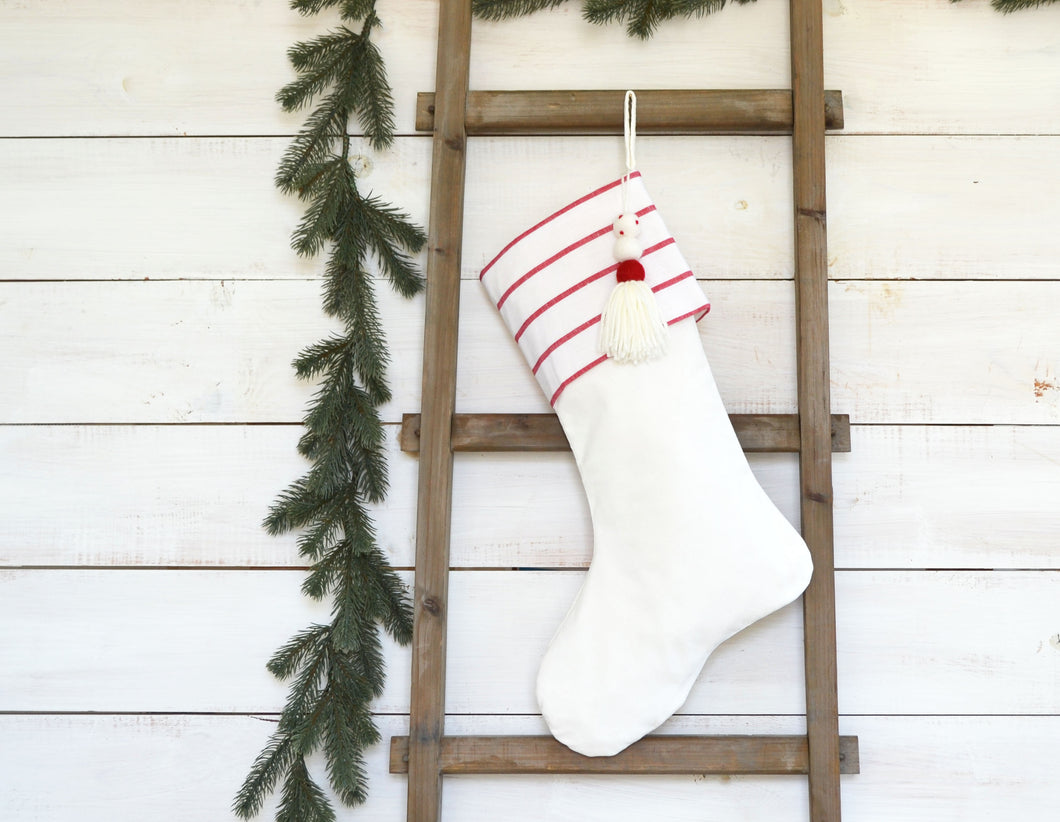 CHRISTMAS STOCKING  - White & Red Stripe and Velvet
