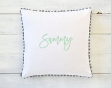 Personalized Embroidered Pillow Cover with Light Gray Pom Pom Trim