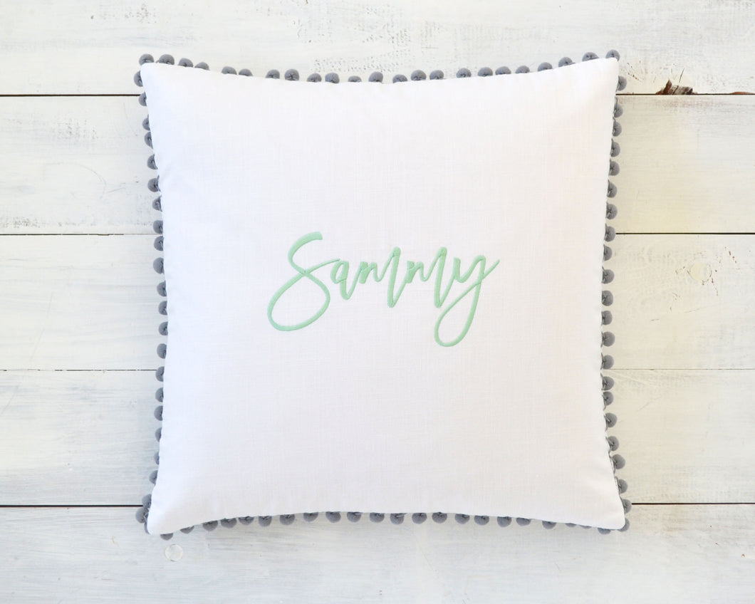 Personalized Embroidered Pillow Cover with Light Gray Pom Pom Trim