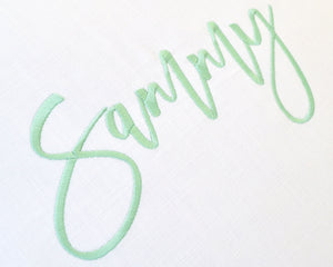 Personalized Embroidered Pillow Cover with Light Gray Pom Pom Trim
