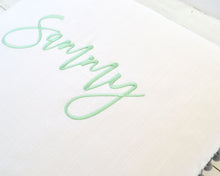 Personalized Embroidered Pillow Cover with Light Gray Pom Pom Trim