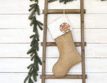 CHRISTMAS STOCKING - White Faux Fur and Burlap