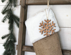 CHRISTMAS STOCKING - White Faux Fur and Burlap